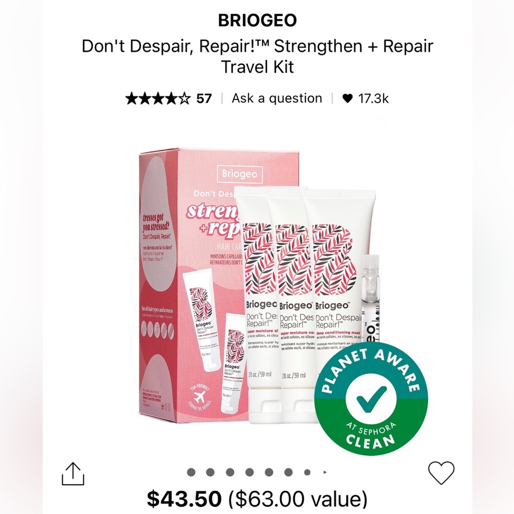 NWT Briogeo Don’t despair, repair! Hair care minis kit